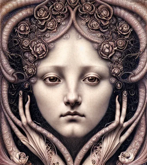 Image similar to detailed realistic beautiful rose goddess face portrait by jean delville, gustave dore, iris van herpen and marco mazzoni, art forms of nature by ernst haeckel, art nouveau, symbolist, visionary, gothic, neo - gothic, pre - raphaelite, fractal lace, intricate alien botanicals, ai biodiversity, surreality, hyperdetailed ultrasharp octane render