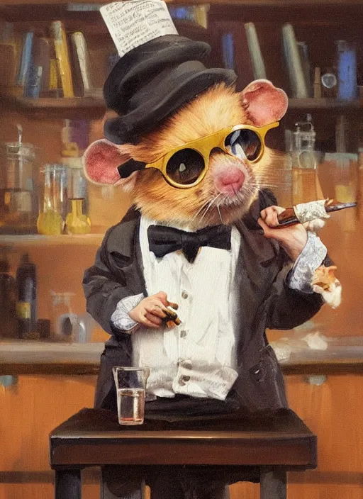 Prompt: oil painting of a cute pet rat dressed as an english professor smoking a pipe, giving a lecture in a university chemistry lab, digital art, artstation, fantasy, cinematic, golden hour fine details by realistic shaded lighting poster by ilya kuvshinov katsuhiro otomo, magali villeneuve, artgerm, jeremy lipkin and michael garmash and rob rey, cartoon