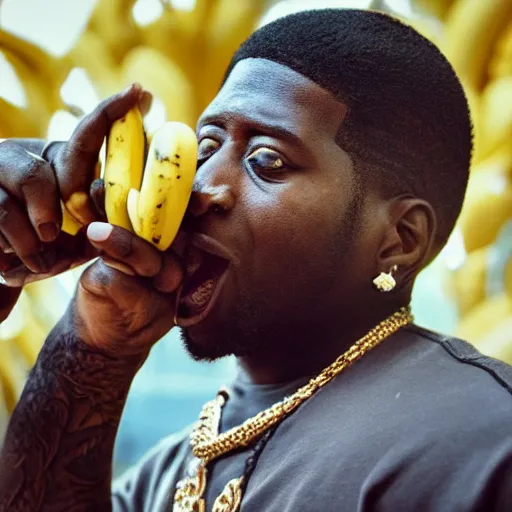 Image similar to angry gucci mane eating bananas in the hood, 8k resolution, full HD, cinematic lighting, award winning, anatomically correct