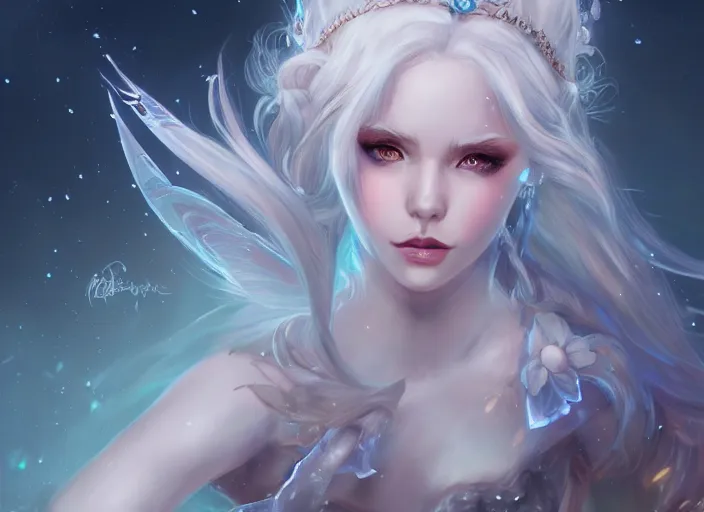 Image similar to portrait of an ice fairy, cute, fantasy, wonderful shading, realistic perfect face, concept art, dynamic pose, digital illustration, trending on artstation, intricate details, epic composition, sharp focus, 8 k uhd, masterpiece, league of legends splash art