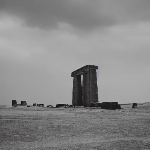 Image similar to a monolithic temple in a desert. overcast sky, grainy.