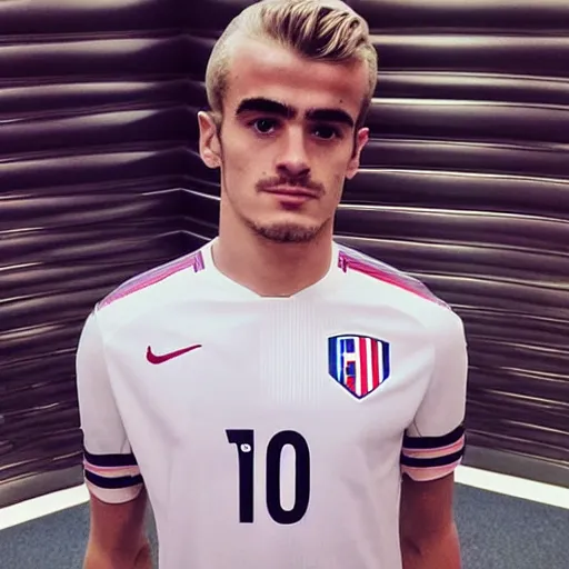 Image similar to “ a realistic detailed photo of a guy who is an attractive humanoid who is half robot and half humanoid, who is a male android, soccer player antoine griezmann, shiny skin, posing like a statue, blank stare, at the museum, on display ”