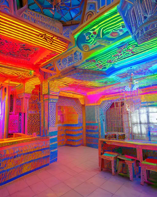 Prompt: in a wide shot of the interior of a neon sign shop in a dusty hazy souk in Morocco colorful abstract Arabic neon signs fixtures cover the walls rule of thirds classical composition Highly detailed, 8k by James Turrell by Felipe Pantone Sigma 24mm f/16