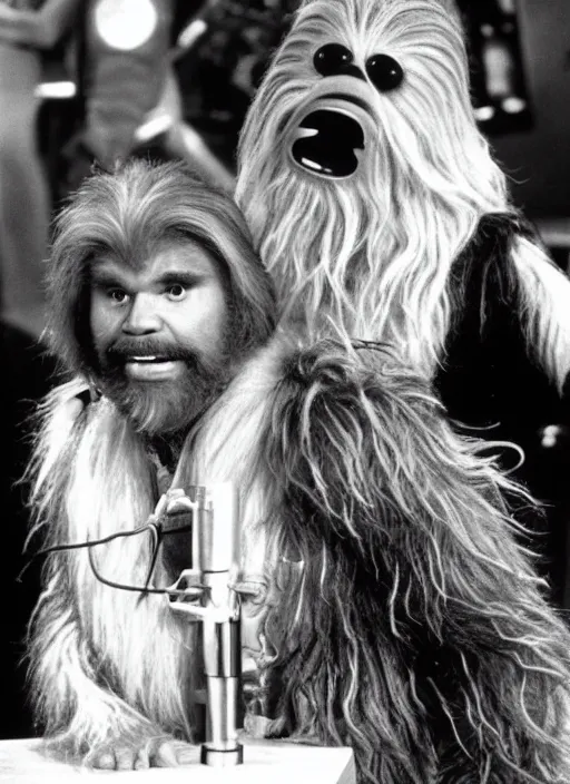 Image similar to chewbacca guest hosting the muppet show in 1 9 8 0 with kenny rogers