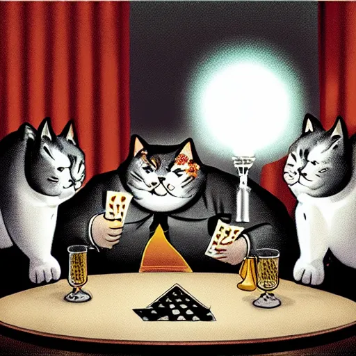 Prompt: fat mobster cats gambling at a table with a single light overhead, dark room, smoke fills the room, american art style