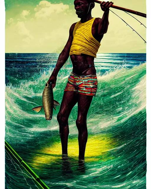 Image similar to Fisherman, Jamaican Male Fisherman, casting fishing rod into the sea, Illustration, Third-Person View, Depth of Field, Colorful with Yellow Green Black Red, calico cloth, insanely detailed and intricate, hypermaximalist, jamaican vibe, hyper realistic, super detailed, by Charlie Bowater, by Karol Bak