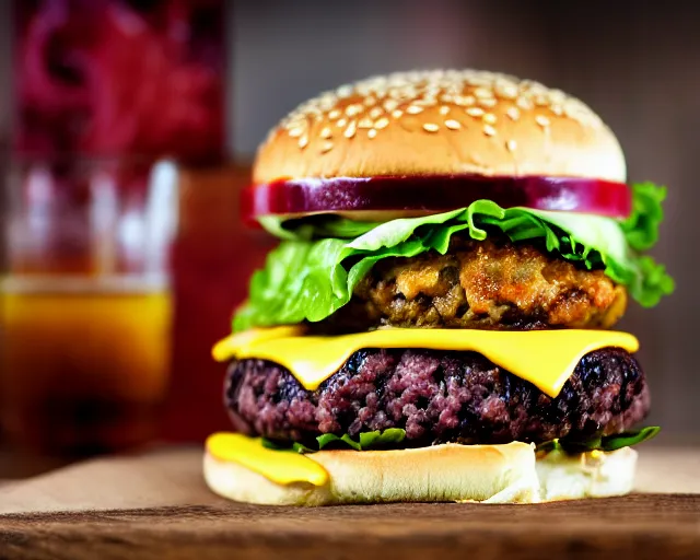 Image similar to dslr food photograph of burger with a raw meat patty in it, 8 5 mm f 1. 4