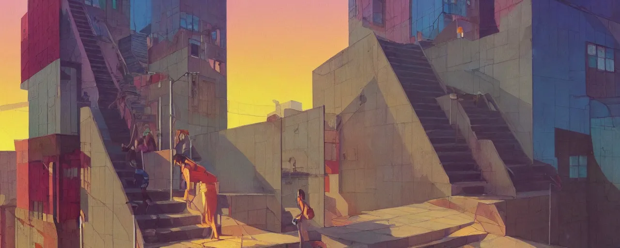 Image similar to An oilpainting of neo brutralism, concrete housing, a long stairway up, concept art, colorful, vivid colors, sunrise, warm colors, light, strong shadows, reflections, cinematic, 3D, in the style of Akihiko Yoshida and Edward Hopper