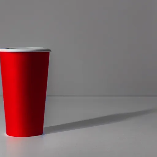 Image similar to an ultra high definition professional studio quality photograph of a red cup on a white plinth in an empty white room. dramatic lighting, shallow d. o. f, colour corrected, three point light.