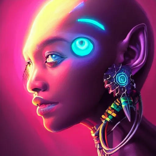 Image similar to african neon necromancer, science fiction, highly detailed, digital painting, beautiful eyes, symmetry, concept art, sharp focus, illustration, global illumination, radiant light, synthwave colors, detailed and intricate environment, art by artgerm and greg rutkowski and magali villeneuve and ilya kuvshinov!