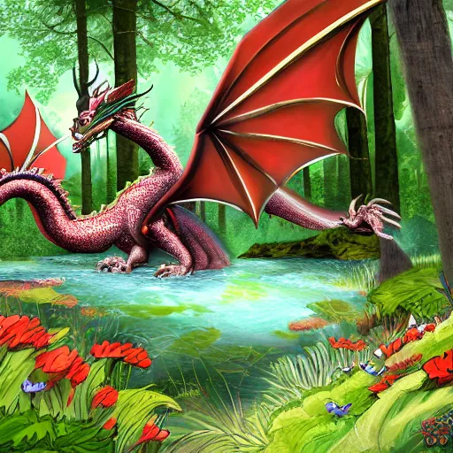 Prompt: a dragon, the body of the dragon is made out of flowers, small lake, in a forest glade, 4 k digital artwork, concept art