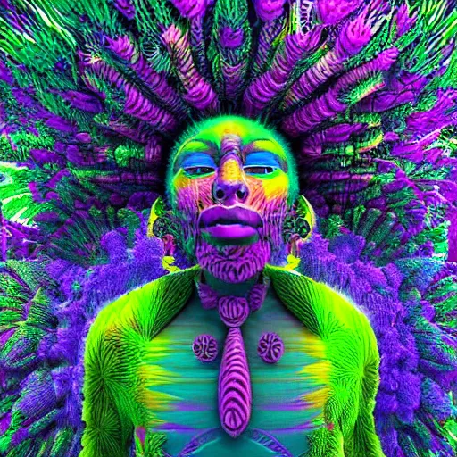 Image similar to an african marijuanna! shaman with an afro made of flowers, third eye art art by machina infinitum, complexity from simplicity, rendered in octane, mandelbulb 3 d, ambient occlusion, macro photography, felt!!! texture, tribal, neon! retrowave