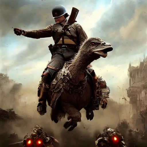 Image similar to hyperrealistic mixed media high resolution painting of Danny DeVito heroically riding into Civil War saddled upon a giant galloping duck, stunning 3d render inspired art by István Sándorfi and Greg Rutkowski, perfect symmetry, dim volumetric lighting, 8k octane beautifully detailed render, post-processing, extremely hyper-detailed, intricate, epic composition, highly detailed attributes, highly detailed atmosphere, cinematic lighting, masterpiece, trending on artstation, very very detailed, masterpiece, stunning, flawless structure, lifelike texture, perfection, hyperrealism,