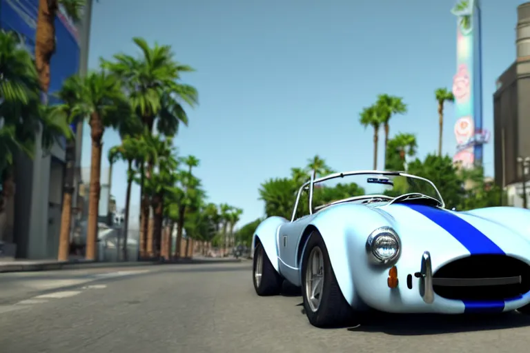 Prompt: a wholesome animation key shot of!! one!! focused!! ac cobra!!, shiny deep blue with white stripe, in a las vegas street, wide shot, studio ghibli, pixar and disney animation, sharp, very detailed, high resolution, rendered in unreal engine 5, anime key art by greg rutkowski, bloom, dramatic lighting