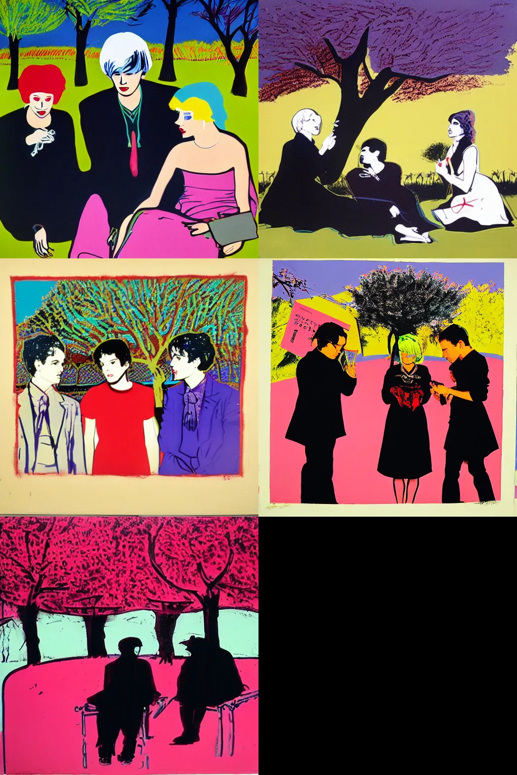 Prompt: an hd painting by andy warhol. three goths loitering in the shade, talking beneath a cherry tree outside a blockbuster video store.