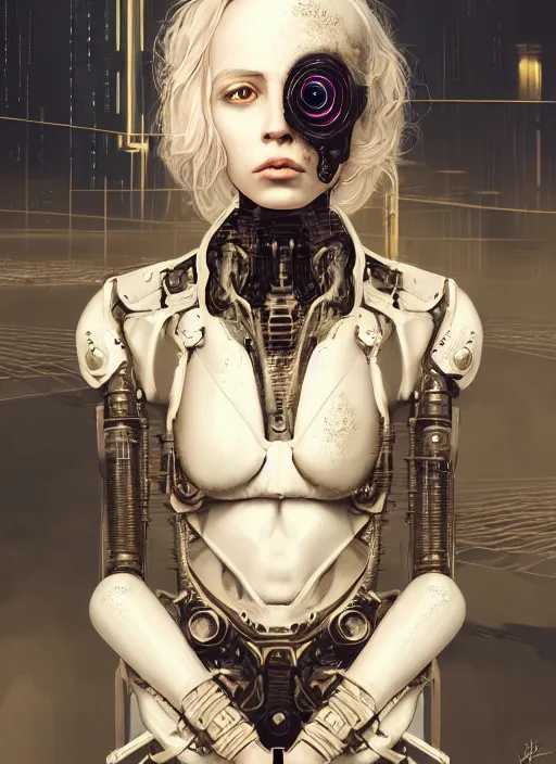 Image similar to soft lustrous hard tech ivory biotech raver gutter punk cyborg bioweapon, golden ratio, details, sci - fi, dark fantasy, cyberpunk, intricate, decadent, ornate, highly detailed, digital painting, octane render, 8 k, artstation, concept art, smooth, sharp focus, illustration, art by artgerm, loish, wlop