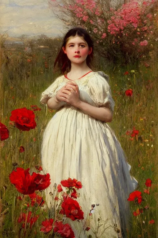 Image similar to Solomon Joseph Solomon and Richard Schmid and Jeremy Lipking victorian genre painting portrait painting of a plain young village girl in an open field of flowers, red background