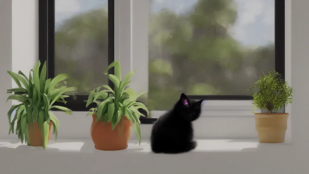 Image similar to peaceful dreamy painting of a content black cat sitting by a window and looking outside, sunshine coming through the window, small plants on the window sill, 8k, hyper realism, trending on artstation, octane render, digital art