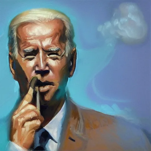 Prompt: oil painting of joe biden smoking a cigar, bright, pastel turquoise background, impressionist colors
