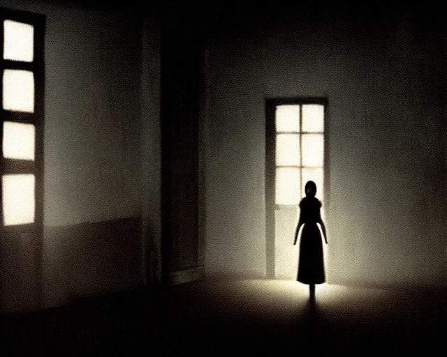 Image similar to creepy woman wearing white dress standing in the backrooms, psychological horror, the eerie forlorn atmosphere of a place that's usually bustling with people but is now abandoned and quiet, buzzing fluorescent lights above the ceiling, unsettling images, liminal space, dark, art by makoto shinkai
