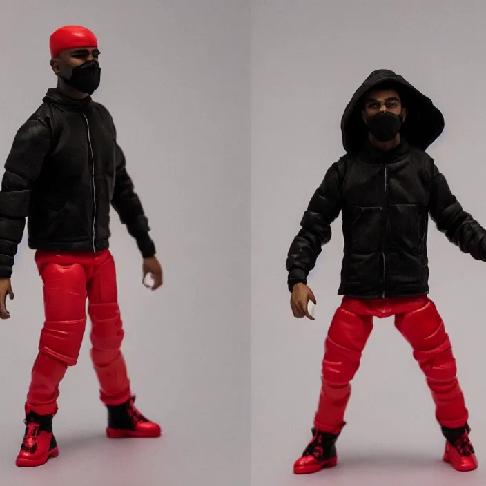 Prompt: a action figure of kanye west using full face - covering black mask with small holes. a small, tight, undersized reflective bright red round puffer jacket made of nylon. a shirt underneath. red nylon reflective pants. a pair of red shoes, figurine, detailed product photo, 4 k, realistic, acton figure, studio lighting, professional photo