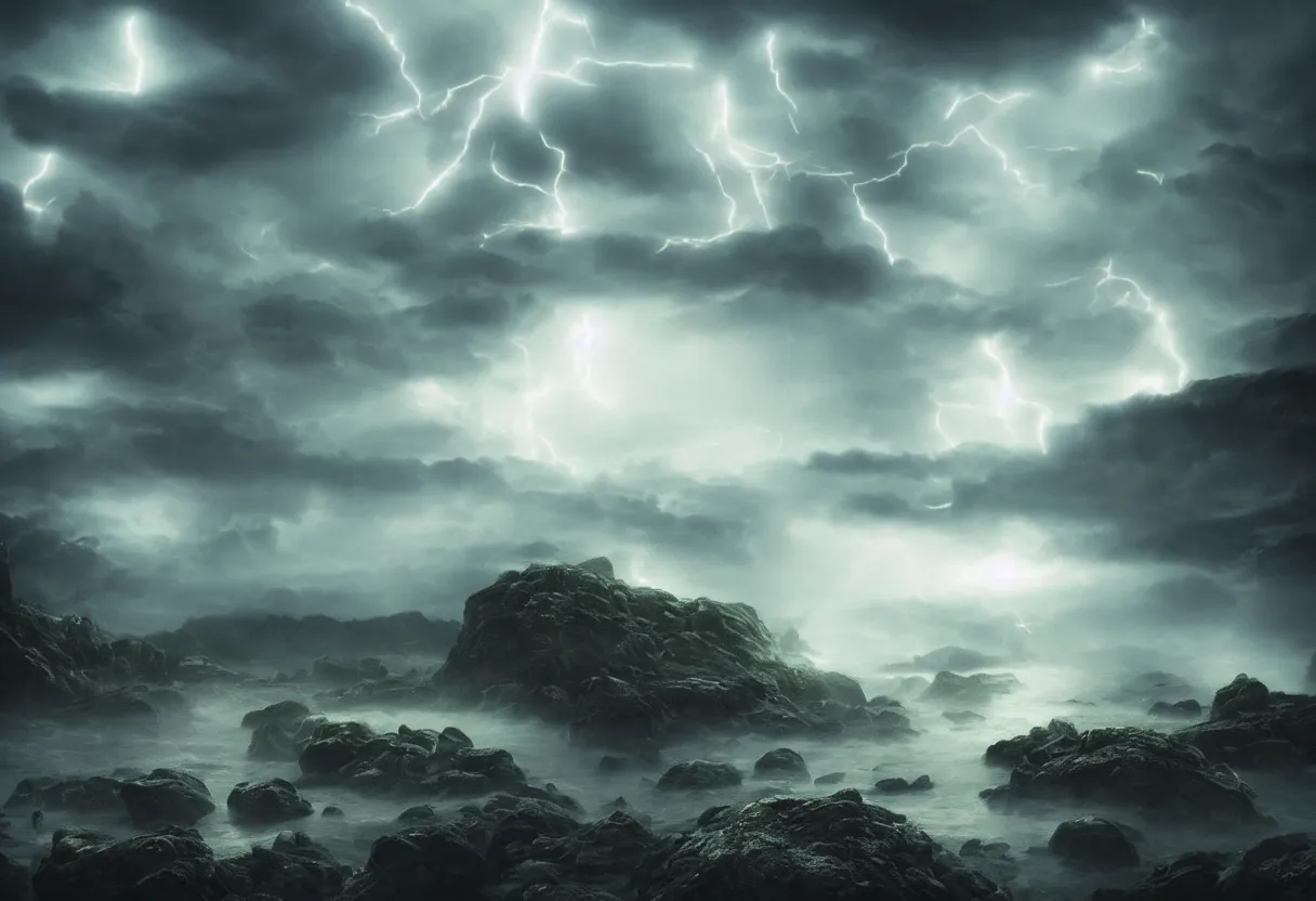 Prompt: Photorealistic epic misty landscape with magical floating rocks, psychedelic glowing runes, stones falling from the sky, with ominous storm clouds, a gentle rising mist. occult photorealism, UHD, amazing depth, cinematic lighting, epic scale, glowing rich colors, powerful imagery, concept art
