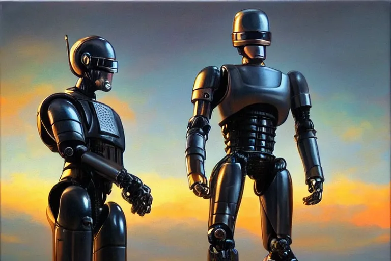 Image similar to robocop, fantasy, painting, ultra realistic!!!, clear weather, golden hour, sharp focus