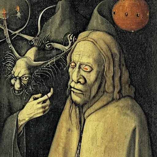 Prompt: portrait of an old frail ominous wise wizard man with long flowy hair wearing an ancient robe, surrounded by demons art by hieronymus bosch