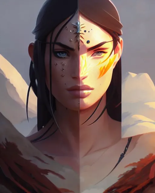 Image similar to azctec warrior, megan fox, detailed perfect face, exquisite details, fire magic, mid view, design on a white background, by studio muti, greg rutkowski makoto shinkai takashi takeuchi studio ghibli