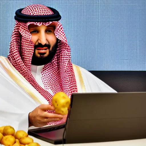 Prompt: mohammed bin salman playing a game live on twitch and eating a potato