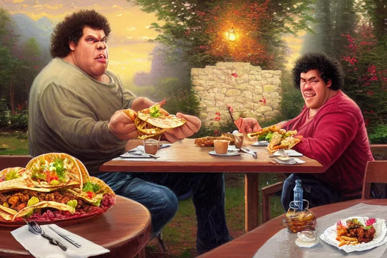 Prompt: thomas kinkade painting of andre the giant eating tacos at a small table