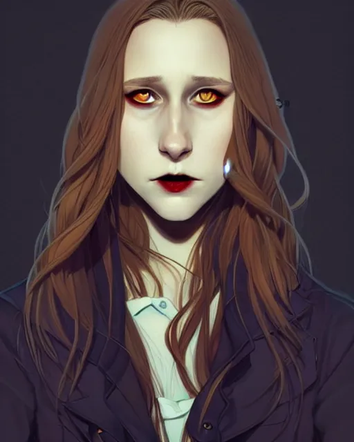 Image similar to in the style of Joshua Middleton and artgerm, beautiful evil vampire Taissa Farmiga sharp bloody vampire fangs open mouth, yellow eyes, symmetrical eyes, realistic face, symmetrical face, long black hair, full body, moody lighting