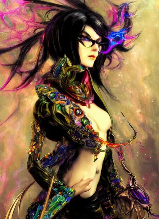 Prompt: An psychedelic concept art of bayonetta, by Ruan Jia, Moebius, hiroshi yoshida, Druillet, colorfull, vivid colors, artstation