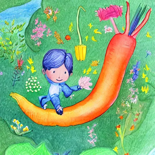 Image similar to “a prince and a gardener flying on a giant carrot, above a forest and princesses kingdom, childrens book illustration, pencil and watercolour”