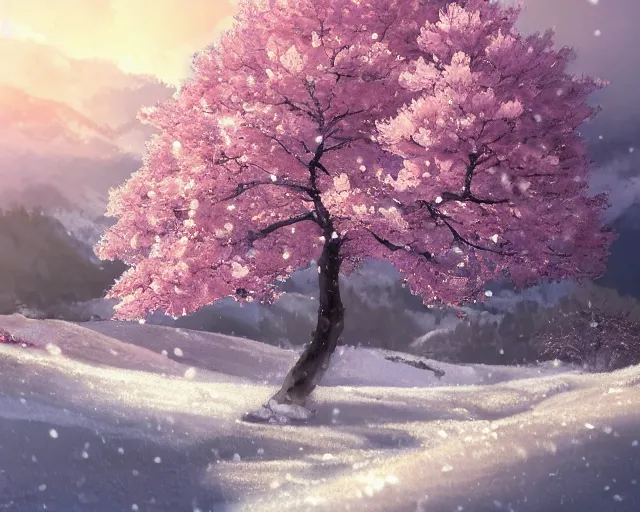 Image similar to snowy rocky field with a sakura tree, petals, cloudy, moodly lighting, snow in wind, illustration, by pine ( ハイネ ) and 薯 子 imoko and 香 川 悠 作 and wlop and maya takamura, highly detailed, trending artstation, pixiv, digital art