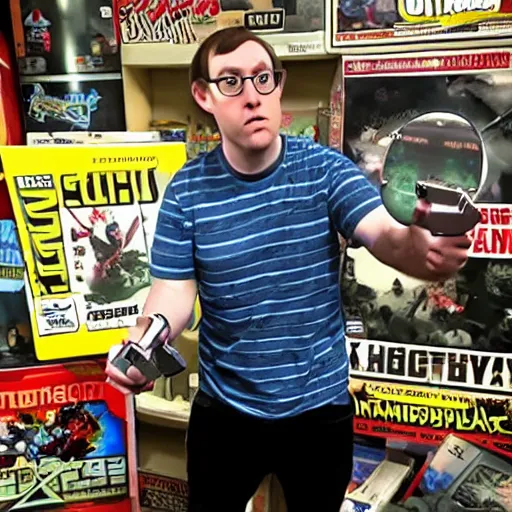 Prompt: angry video game nerd destroying and smashing consoles