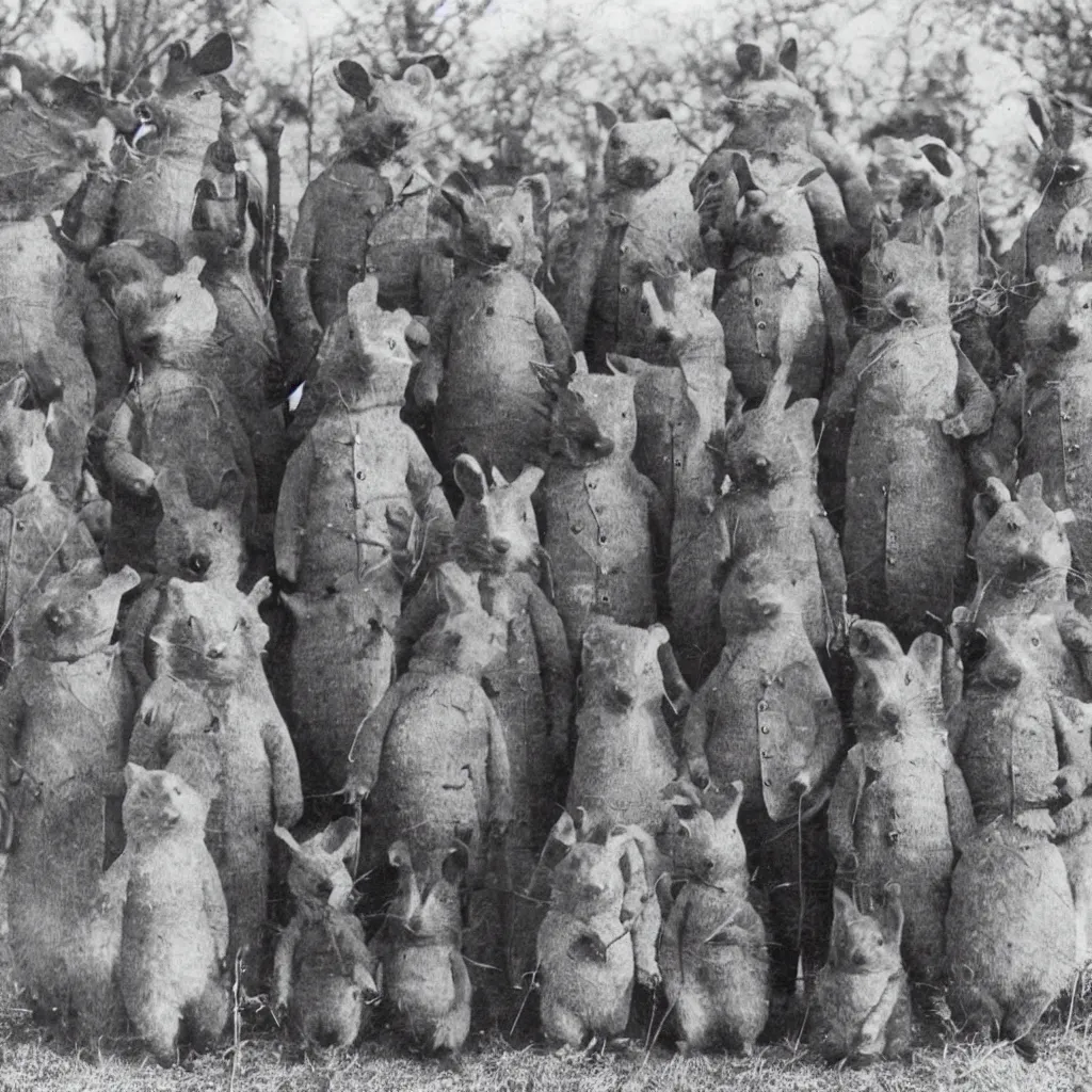 Prompt: a group of badgers in 1 9 4 0 s suits, standing upright like people, anthropomorphic, style of beatrix potter, rendered as a highly detailed photograph