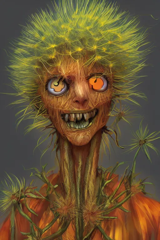 Image similar to a humanoid figure dandelion plant monster, orange eyes, highly detailed, digital art, sharp focus, ambient lighting, trending on art station, anime art style