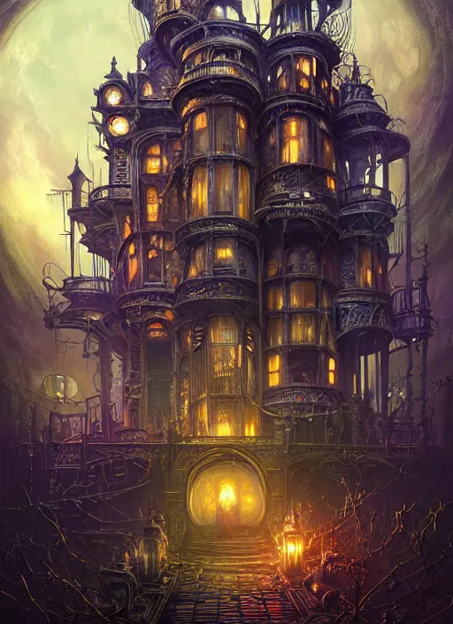 Image similar to hyper detailed ultra sharp of a steampunk sci - fi haunted halloween megastructure house trending on artstation, warpaint aesthetic, earthwave, colorful, psychedelic, ornate, intricate, digital painting, concept art, smooth, sharp focus, illustration, art by artgerm and greg rutkowski and h. r. giger, 8 k