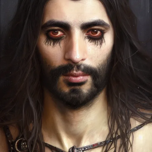 Prompt: portrait painting of a middle - eastern man with shoulder length hair and wearing a tattered black feather cloak and coat, ultra realistic, concept art, intricate details, eerie, highly detailed, photorealistic, octane render, 8 k, unreal engine. art by artgerm and greg rutkowski and charlie bowater and magali villeneuve and alphonse mucha