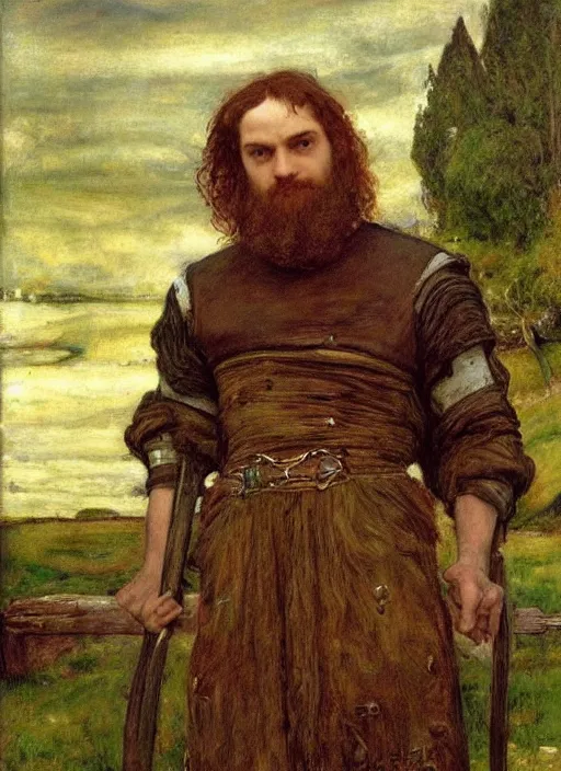 Prompt: a beautiful painting of gimli by John Everett Millais and Dante Gabriel Rossetti and John Collier and john william waterhouse, pre-raphaelite, detailed, trending on artstation, hd, masterpiece