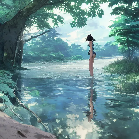 Prompt: one single girl wearing a blue full body bathing suit wading, wading weight high water, standing in a narrow river, trees bent over the river, shady, ripples, looking at the camera, front facing, inviting look, atmospheric lighting. By Makoto Shinkai, Stanley Artgerm Lau, WLOP, Rossdraws, James Jean, Andrei Riabovitchev, Marc Simonetti, krenz cushart, Sakimichan, trending on ArtStation, digital art.