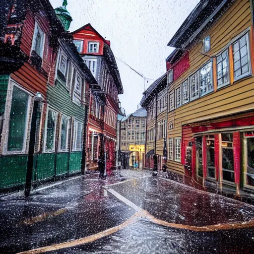 Prompt: picture of a street in bergen, norway, raining, winter