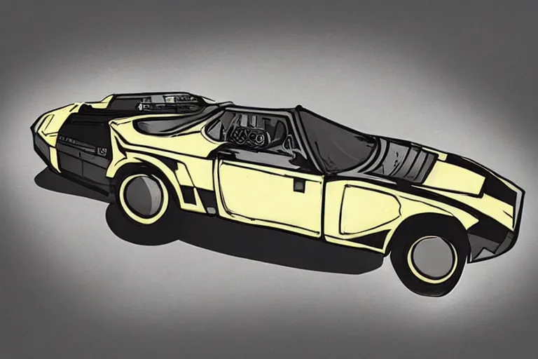 Image similar to Concept art of a 1980s wedge car. Dieselpunk.