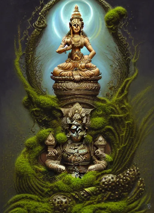 Prompt: wide angle shot lakshmi statue, intricate, mossy, overgrown, elegant, highly detailed, centered, digital painting, artstation, concept art, smooth, sharp focus, illustration, artgerm, tomasz alen kopera, peter mohrbacher, donato giancola, joseph christian leyendecker, wlop, boris vallejo