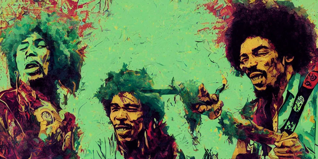 Image similar to Bob Marley and Jimi Hendrix smoking herb, very detailed, Green Smoke, large white border, hd, high resolution print :1 Red, Gold and Green by Sachin Teng, Tom Bagshaw, Greg Rutkowski, Carne Griffiths, trending on deviant art :1