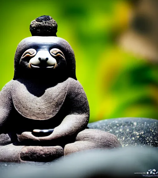 Prompt: a photograph of a sloth buddha meditating in a zen rock garden, nature photography, sharp focus, long focal length