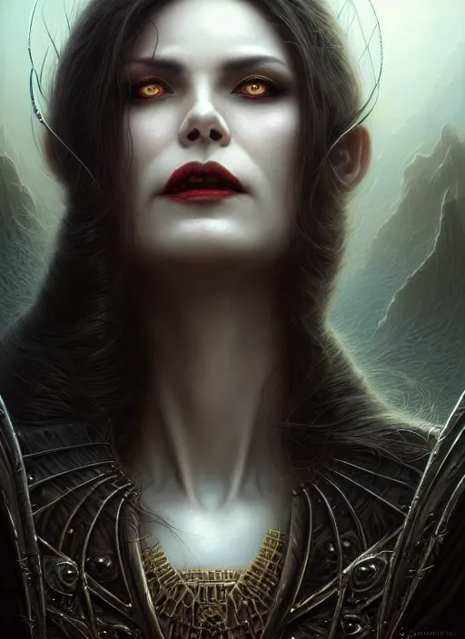 Image similar to closeup portrait shot of a vampire queen in a scenic dystopian environment, intricate, elegant, highly detailed, centered, digital painting, artstation, concept art, smooth, sharp focus, illustration, artgerm, tomasz alen kopera, peter mohrbacher, donato giancola, joseph christian leyendecker, wlop, boris vallejo