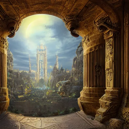 Image similar to carved futuristic gateway at the end of ancient ornate steps with a large wide window to a city which details the vast architectural scientific ancient and cultural achievements of humankind, magical atmosphere, molecules and machines, renato muccillo, jorge jacinto, damian kryzwonos, ede laszlo, highly detailed digital art, cinematic blue and gold