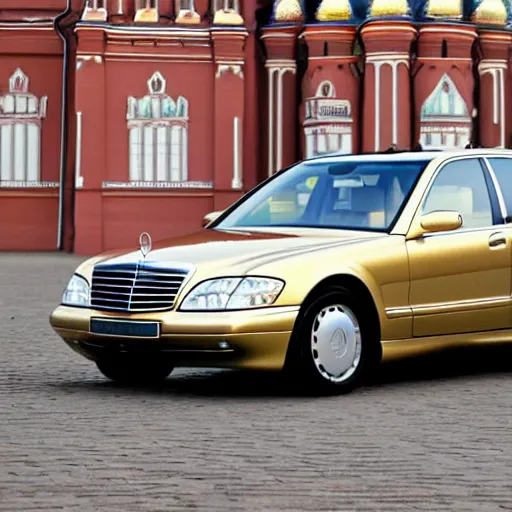 Prompt: gold Mercedes-Benz s500 long in the body 220 (w220) 2002 old year is located on the red square in Moscow